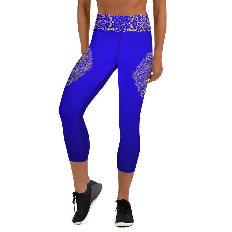 Blue and Gold Mandala High Waist Yoga Capri Leggings Fashionable Quick-Dry Leggings