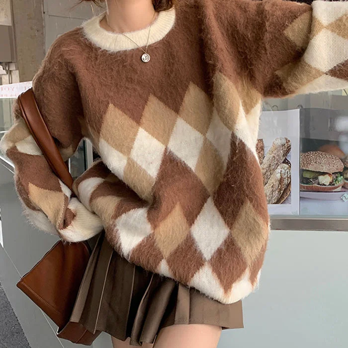 Mocha Fuzzy Argyle Sweater Bright Pastel Dark