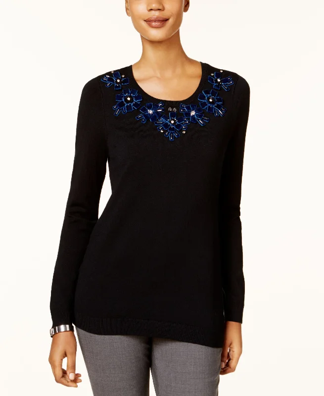 Charter Club Embellished Neck Sweater Spandex Blend Rayon Blend Denim Blend