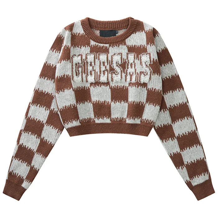 Checkered Fuzzy Crop Sweater Fleece Sweater Nylon Polyester