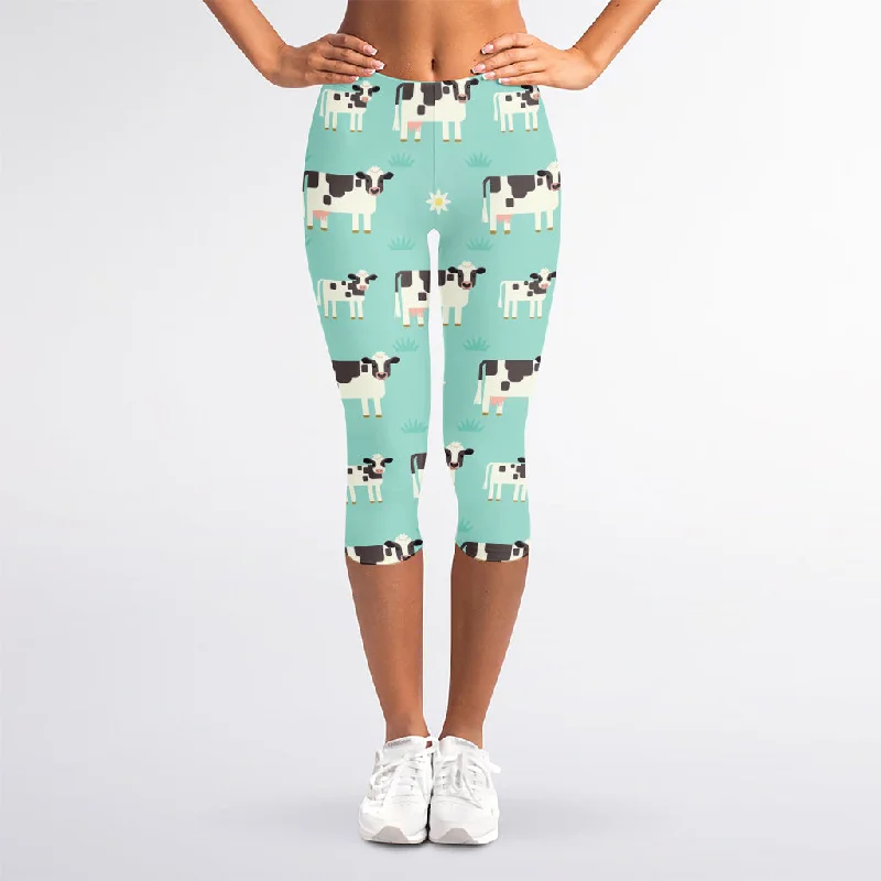 Cute Cow And Baby Cow Pattern Print Women's Capri Leggings Fashionable Tummy Control Leggings