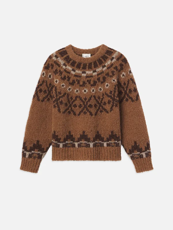 Fair Isle Sweater -- Camel Multi Hooded Sweater Collared Sweater Shawl Collar