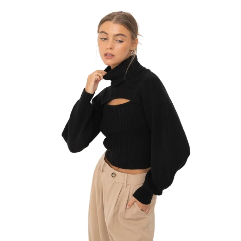 Front Cut Out Turtleneck Sweater (Black) Handmade Hand-knitted Hand-woven