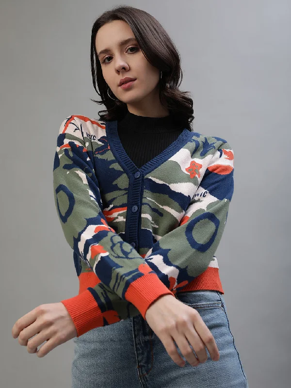 Iconic Women Multicolor Printed V-Neck Full Sleeves Sweater Collared Crew Neck Turtle Neck