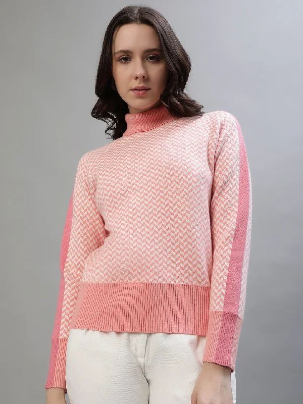 Iconic Women Pink Printed Turtle Neck Full Sleeves Sweater Rayon Fabric Velvet Fabric Corduroy Fabric