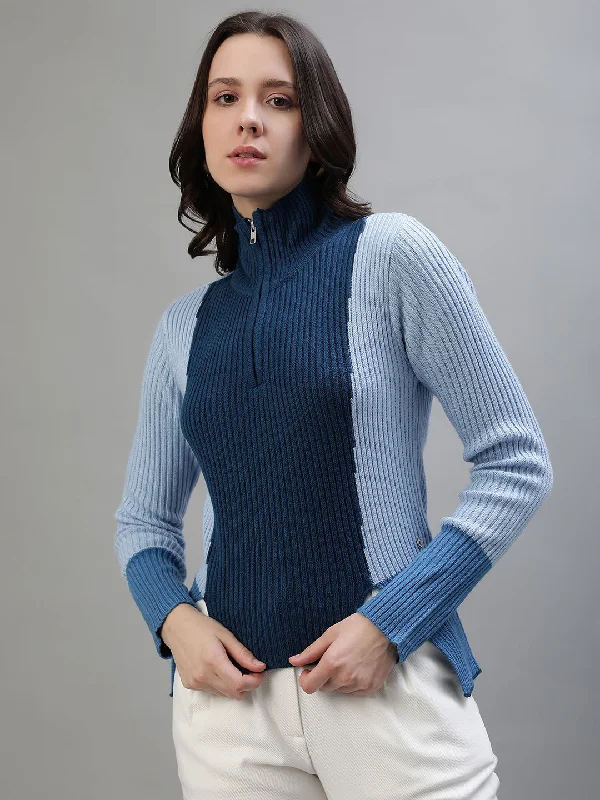 Iconic Women Blue Colorblocked High Neck Full Sleeves Sweater Collared Crew Neck Turtle Neck