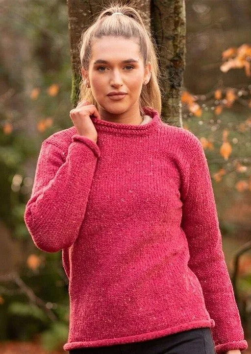 Ladies Roll Neck Sweater | Pink Front Pockets Side Pockets Patch Pockets