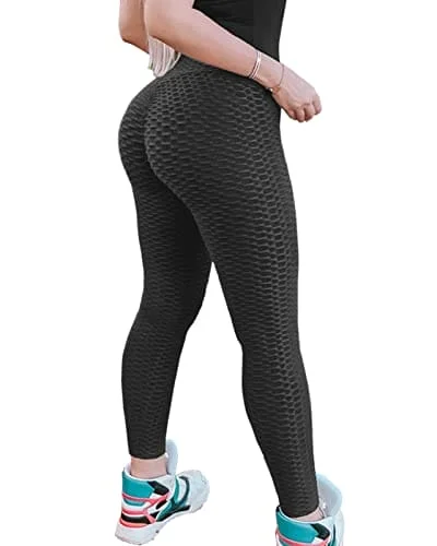 Murandick Textured Leggings for Women Scrunch High Waist Textured Yoga Workout Pants - Black Fashionable Tummy Control Leggings