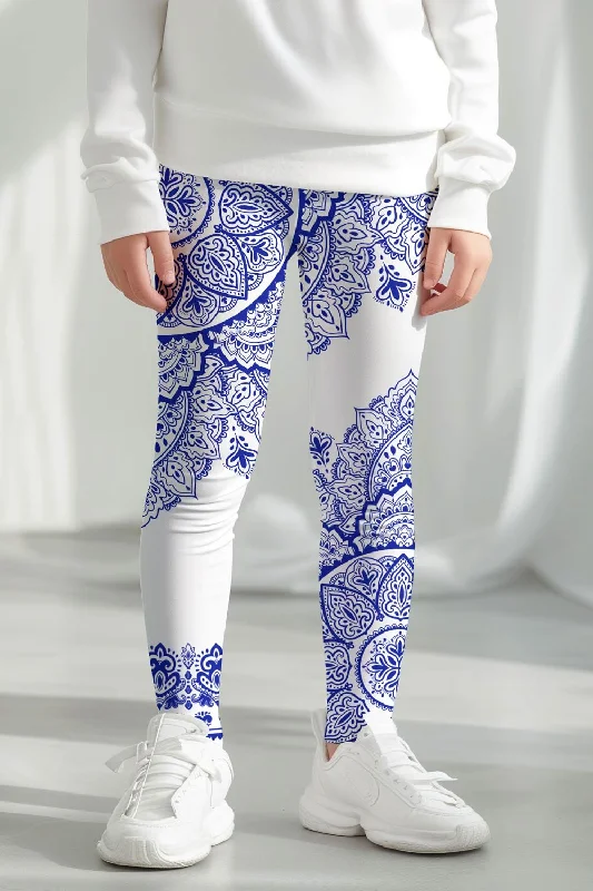 Nirvana Lucy White Blue Geometric Boho Print Trendy Leggings - Kids Stylish Sweatproof Leggings