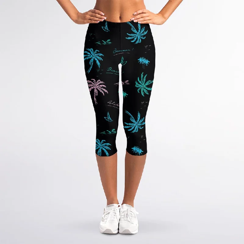 Palm Tree Summer Beach Pattern Print Women's Capri Leggings Comfortable Printed Workout Leggings