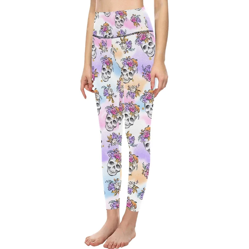 Pastel Skulls Women's High-Waisted Leggings Trendy Sporty Compression Leggings