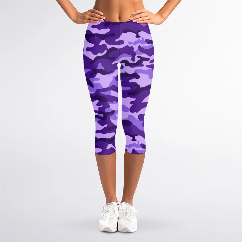 Purple Camouflage Print Women's Capri Leggings Classic Solid Color Leggings