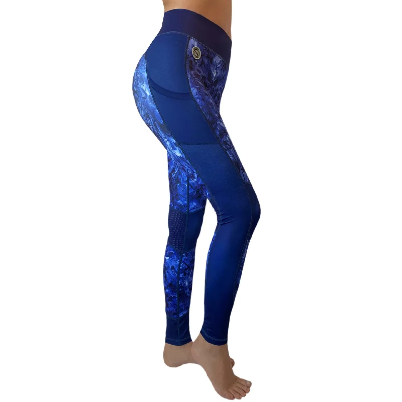 Swim Leggings for Women UPF 50+| Marble - Royal Blue with Mesh Stylish Sporty Performance Leggings