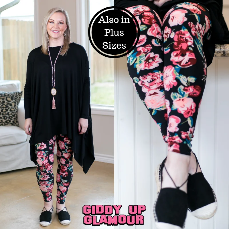 This Is The Life Floral Print Leggings in Pink Trendy Leather-Look Workout Leggings