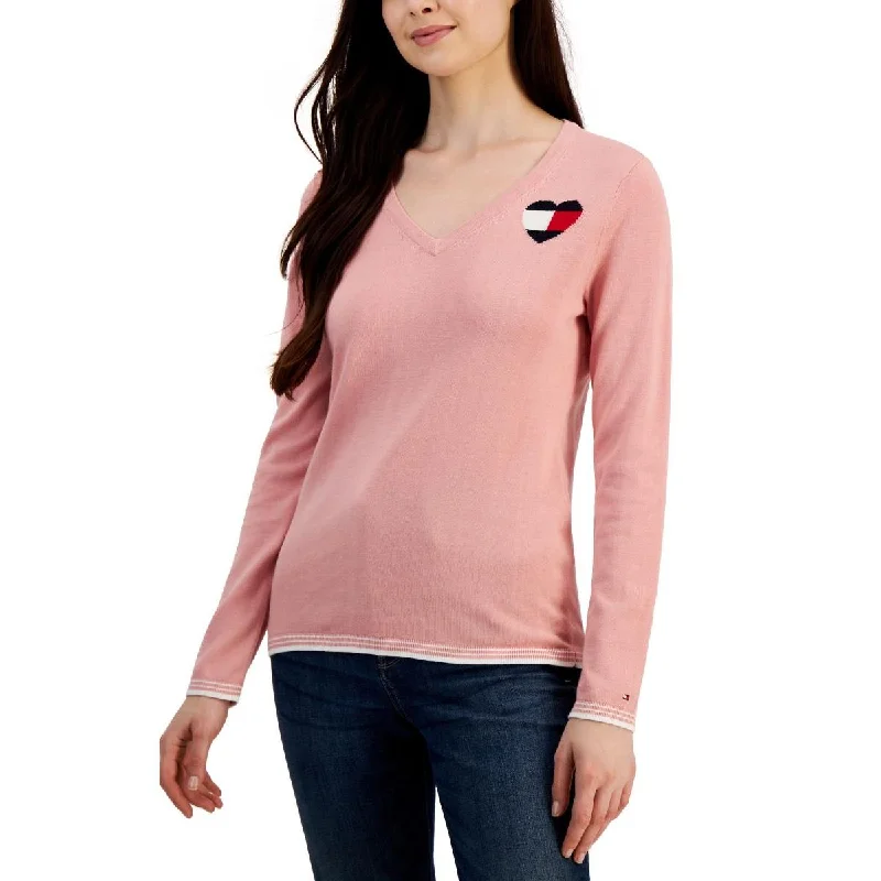 Tommy Hilfiger Womens Heart Stripe Trim V-Neck Sweater Cashmere Blend Cotton Blend Poly Blend