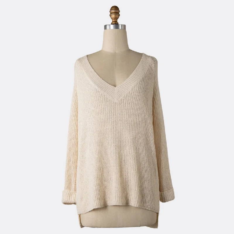 V Neck Knit Sweater (Beige) Soft Cozy Warm