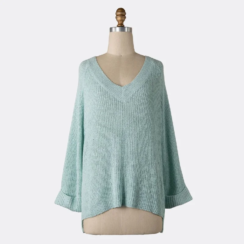 V Neck Knit Sweater (Mint) Turtle Neck Boat Neck Asymmetrical Neck