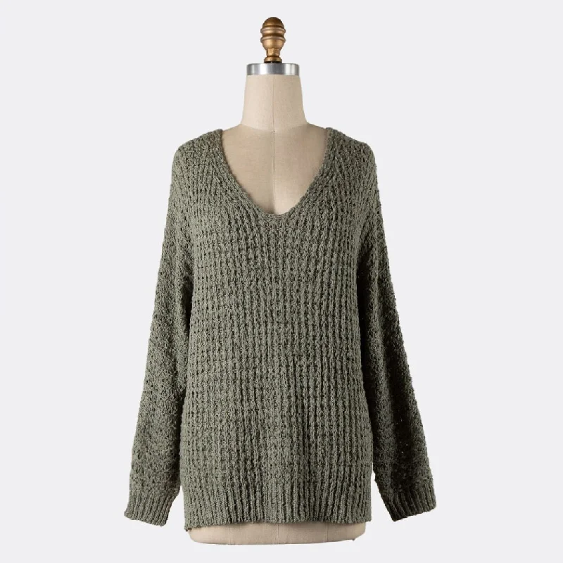 V Neck Ribbed Trim Cable Knit Sweater (Sage) Hooded Caped Shawl Collar