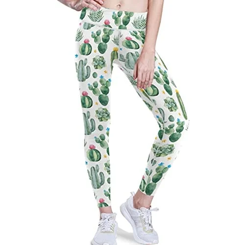 visesunny High Waist Yoga Pants with Pockets Green Watercolor Cactus Succulents and Multicolored Flower Buttery Soft Tummy Control Running Workout Pants 4 Way Stretch Pocket Leggings Comfortable Printed Workout Leggings