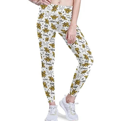 visesunny High Waist Yoga Pants with Pockets Honey Bee Golden Embroidery Queen Crown Tummy Control Workout Running Yoga Leggings for Women Fashionable Solid Color Tights