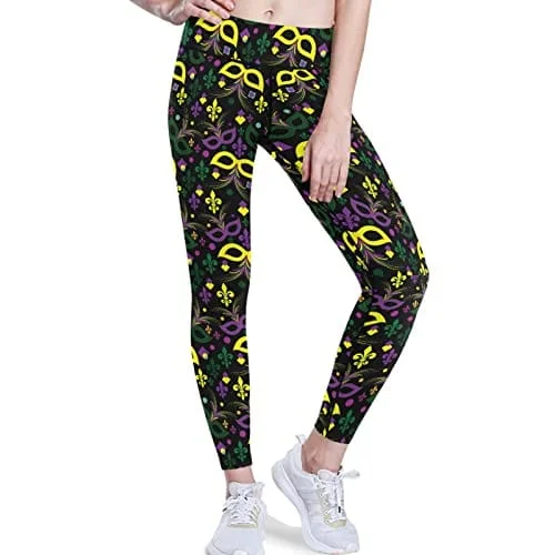 visesunny High Waist Yoga Pants with Pockets Mardi Gras Mask Feather Heart Confetti French Lily Tummy Control Workout Running Yoga Leggings for Women Trendy Minimalist Leggings