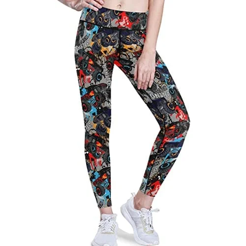 visesunny High Waist Yoga Pants with Pockets Monster Truck Car Pattern Buttery Soft Tummy Control Running Workout Pants 4 Way Stretch Pocket Leggings Stylish Faux Leather Leggings