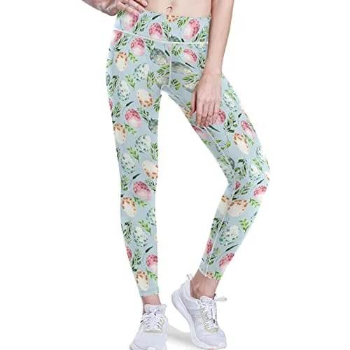 visesunny Watercolor Easter Bunny Egg High Waist Yoga Pants with Pockets Buttery Soft Tummy Control Running Workout Pants 4 Way Stretch Pocket Leggings Fashionable Leather-Look Leggings