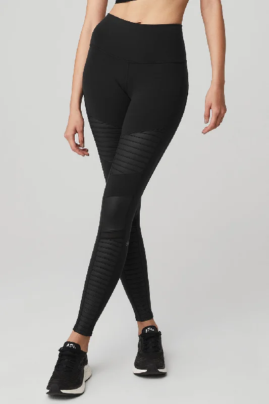 High-Waist Moto Legging - Black/Black Glossy Stylish Camo Print Leggings