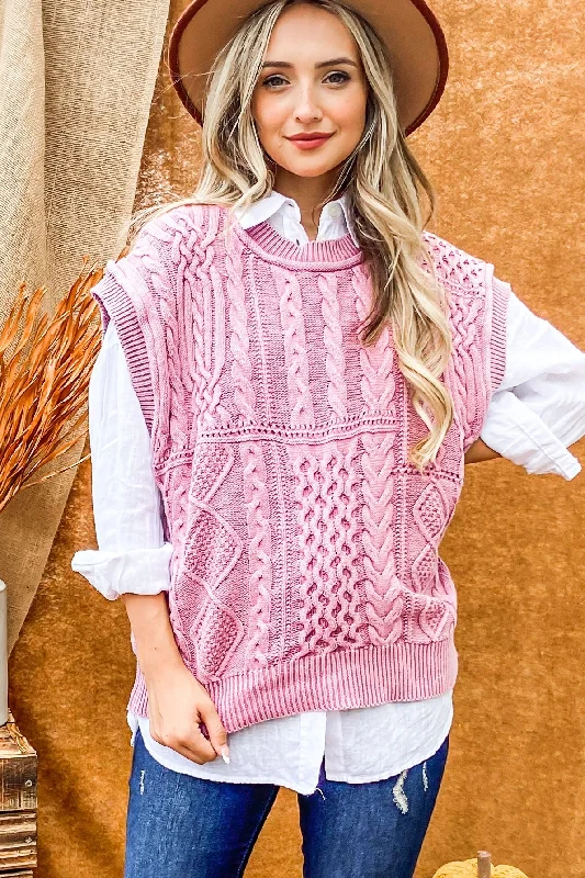 Washed Cable Knit Sweater Vest (Mauve) Boxy Sweater Fitted Sweater A-Line