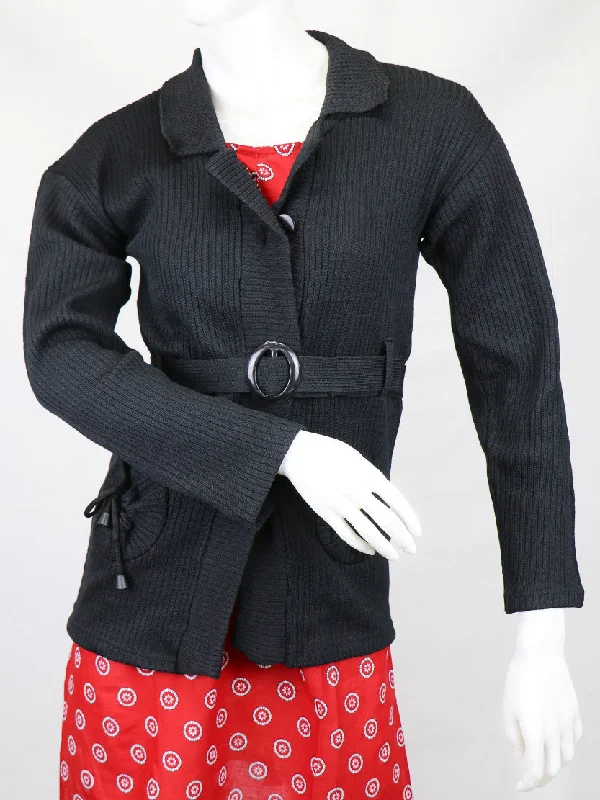 MSW01 Women Full Sleeves Sweater Short Black Toggled Drawstring Belted