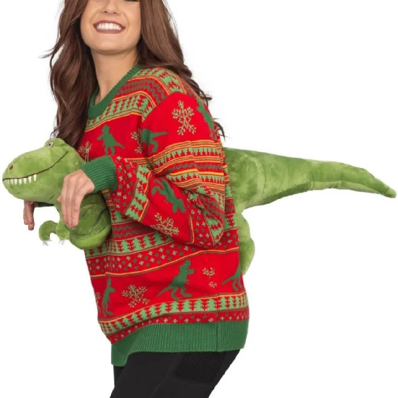 Women's 3D T-Rex Plushie Ugly Christmas Sweater Plaid Sweater Polka Dot Checkered