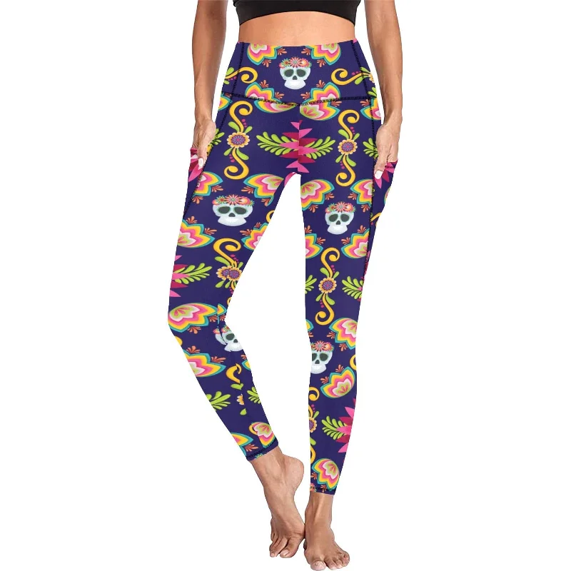 Women's Colorful Floral Skull Pattern Leggings With Pockets Comfortable Sports Performance Tights