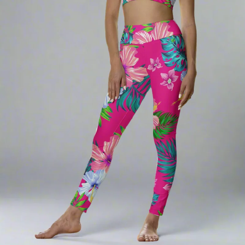 Women's Hot Pink Hawaiian Floral Swim Leggings, UPF50+ Trendy Digital Print Leggings