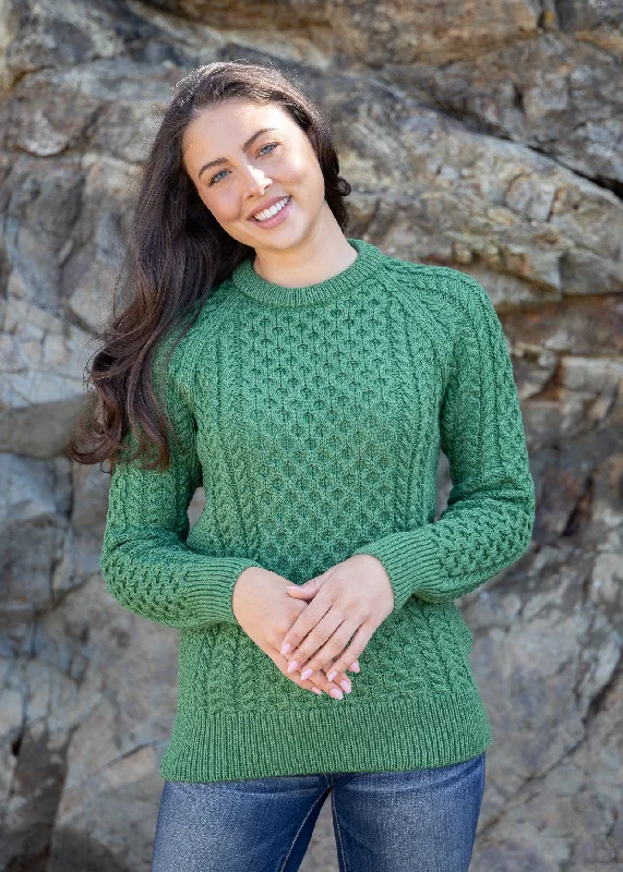 Ladies Slim-Fit Aran Sweater | Green Zippered Front Buttoned Front Snap Front