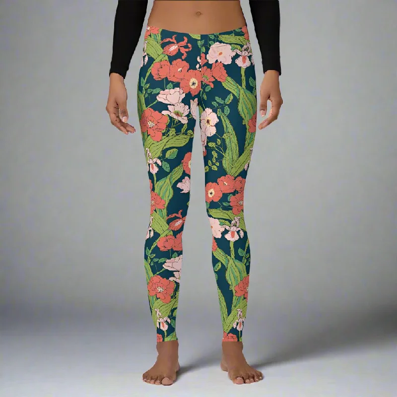 Women's Mid-Rise Swim Leggings, UPF 50 Seychelles Floral Stylish Compression Fit Leggings