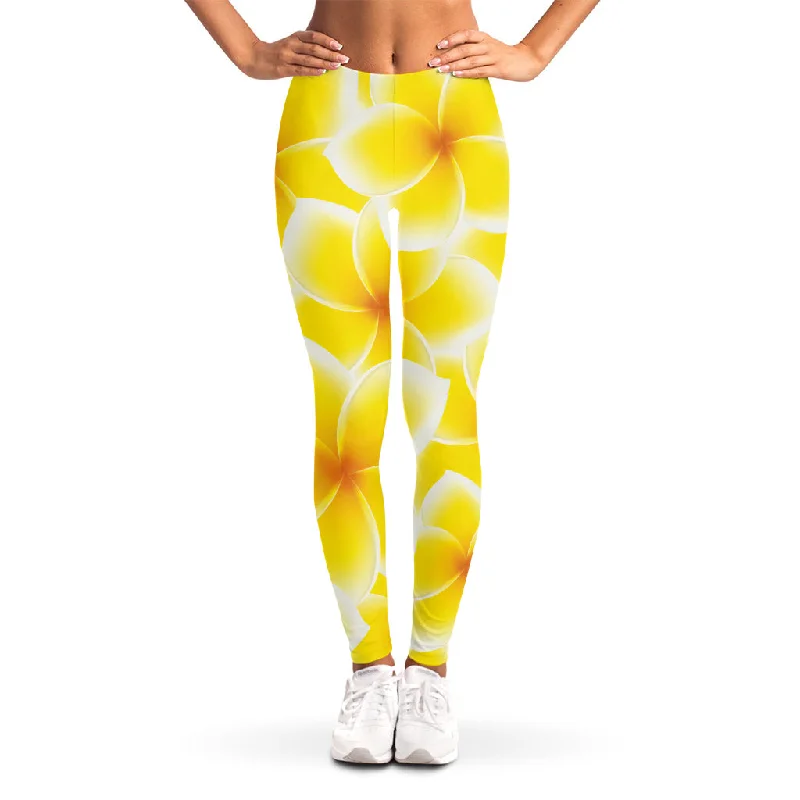 Yellow Frangipani Pattern Print Women's Leggings Comfortable Leggings with Pockets