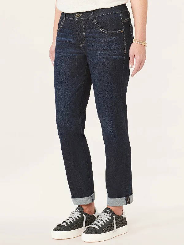 "Ab"solution® Mid Rise Indigo Girlfriend Jeans Trendy Patchwork Denim Jeans