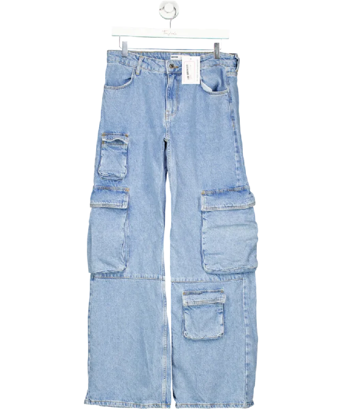 Bershka Blue Multi-pocket Cargo Jeans UK 8 Chic Rolled Cuff Denim Jeans