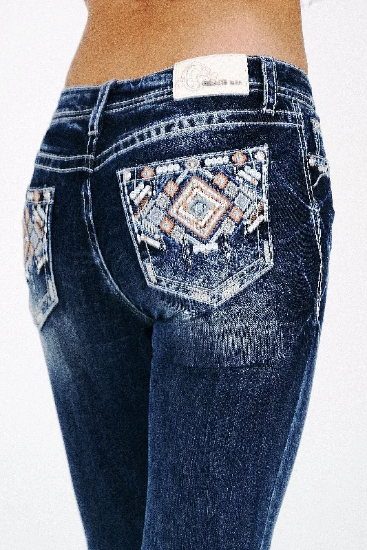 Aztec Embroidery Mid Rise  Bootcut Jeans Fashionable Vintage Wash Jeans