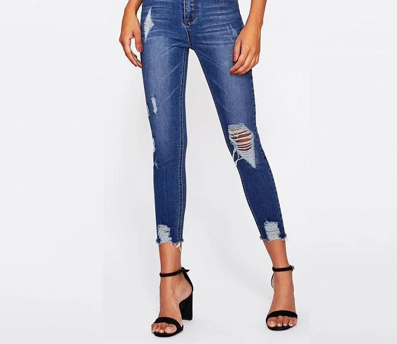 Blue Bleach Wash Distressed Denim Jeans Stylish High-Waist Jeans