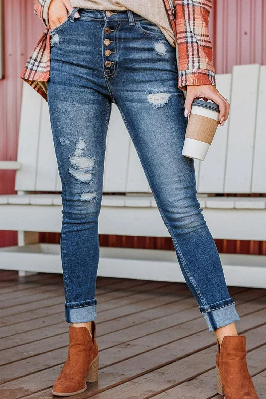 Button-Fly Distressed Jeans with Pockets Comfortable Mid-Rise Jeans