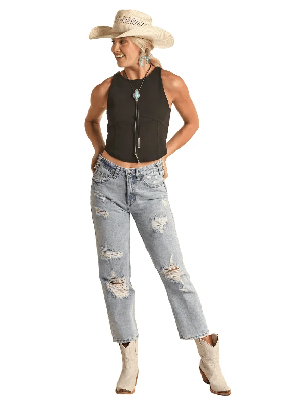 Rock & Roll Cowgirl High Rise Straight Cropped Jeans RRWD9HR1C8 Trendy Wide-Leg High-Waist Denim