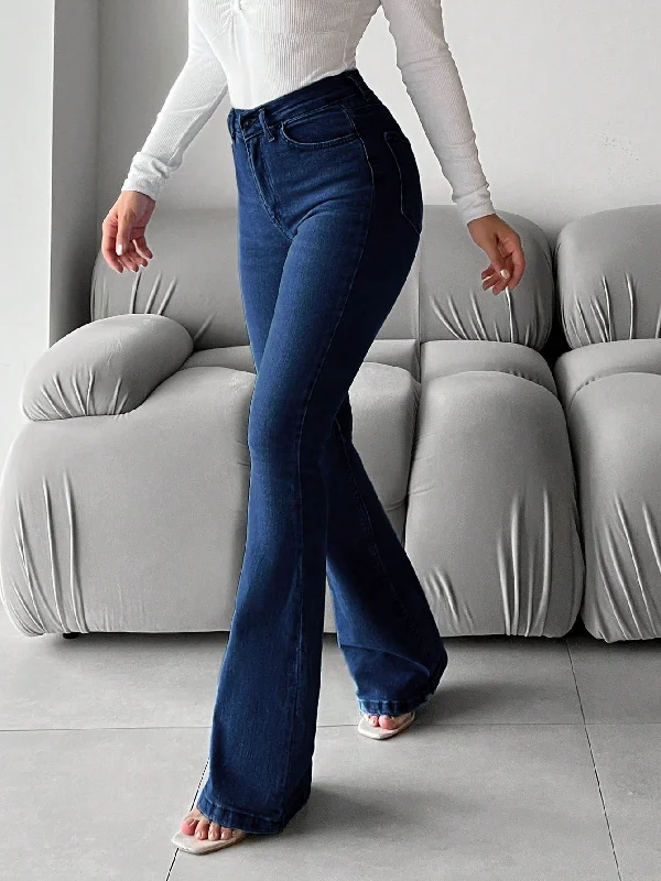 Dark Blue Bootcut Flare Jeans Chic Faded Blue Jeans