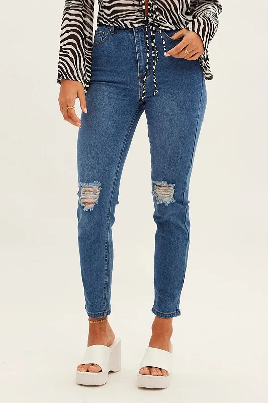 Denim Mom Jeans High Rise Stretch Elegant Raw Hem Jeans