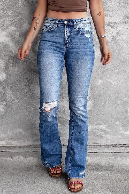 Distressed Flared Jeans with Pockets Comfortable Dark Wash Jeans