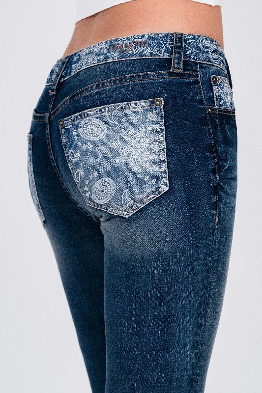 Paisley Trims Patch Work Mid-Rise Flare Jeans Elegant Raw Hem Jeans