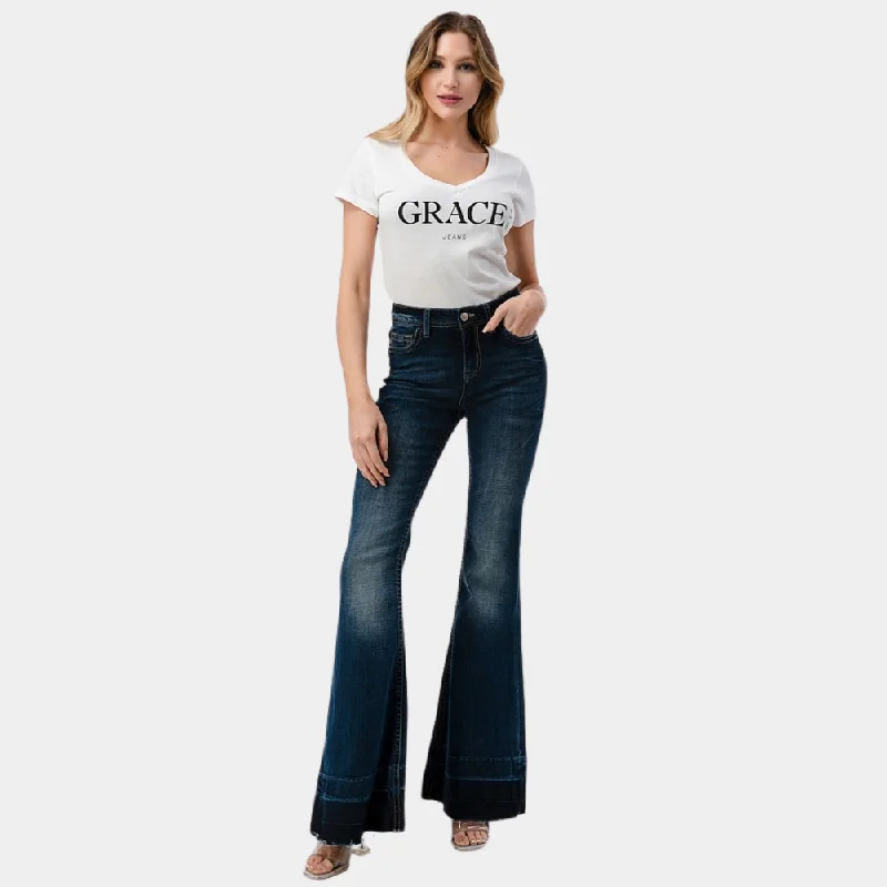 Grace In La Two Tones Botto High Waist Flare Jeans Elegant Skinny Leg Jeans