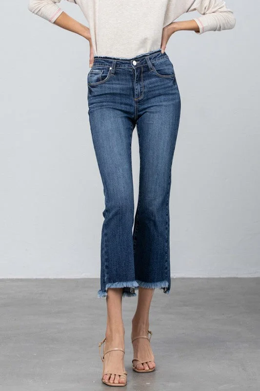 High Stretch Frayed Hem Crop Jeans Comfortable Dark Wash Jeans