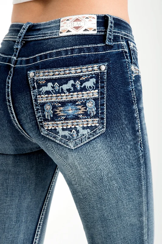 Horse Embellished Mid Rise Skinny Jeans Cozy Relaxed Fit Denim Jeans