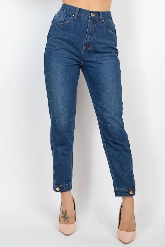 Cuffed-button Mom Jeans Trendy Classic Fit Jeans